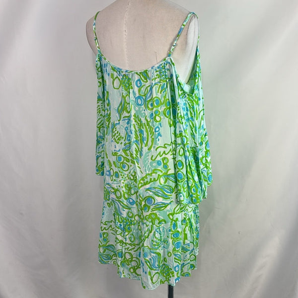 Lilly Pulitzer Green Blue Print Mini Tie Neck Dress