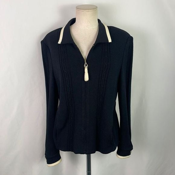 St John Black With Cream Trim Zip Jacket Sweater