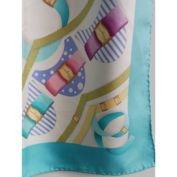 SALVATORE FERRAGAMO PASTEL AQUA RIBBON BUCKLE PRINT SCARF