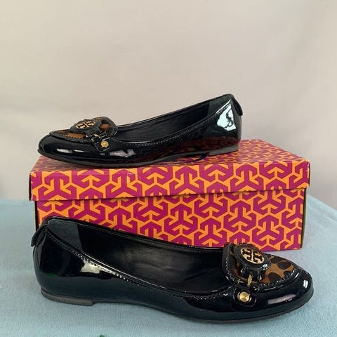 Tory Burch black patent flat with animal print