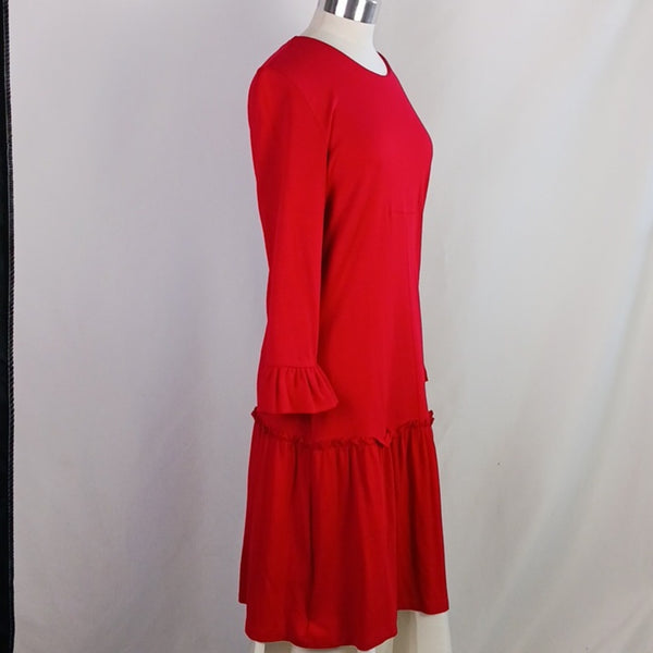 Miu Miu Red Ruffle Bottom Drop Waist Long Sleeve Dress