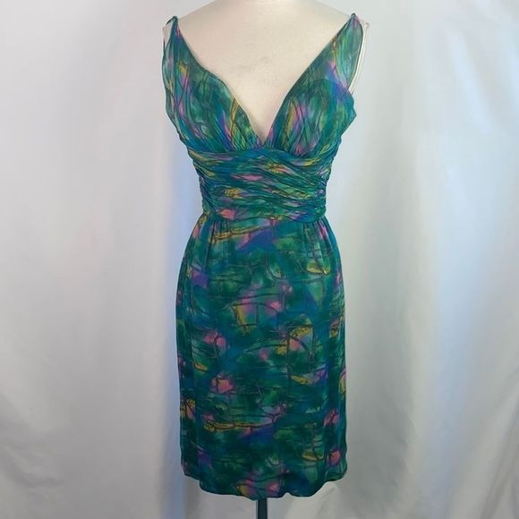 Green Print Pleated Bodice Vintage Dress