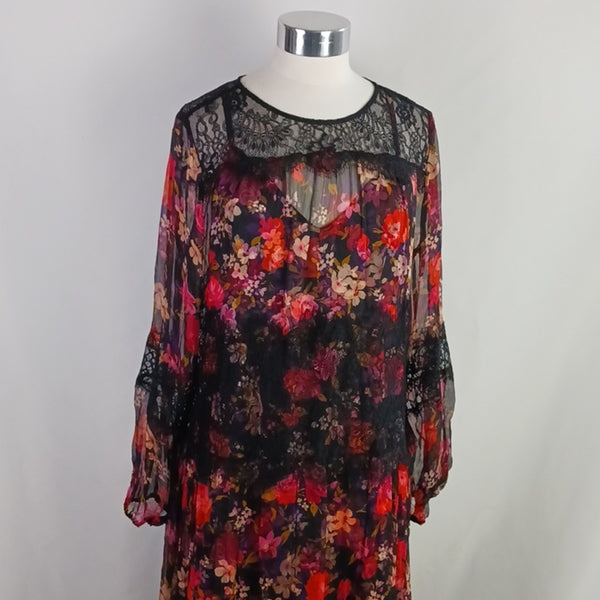 Johnny Was Black and Pink Floral Maxi / Slip Dress.