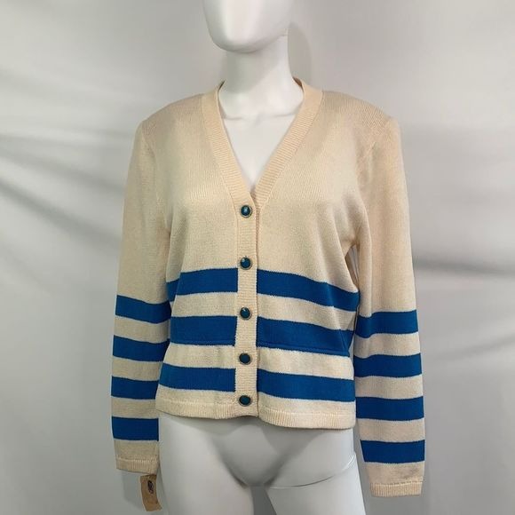 St. John NWT cream blue striped knit cardigan