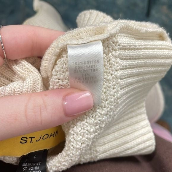 St John Cream Zip Mixed Media Knit Cardigan