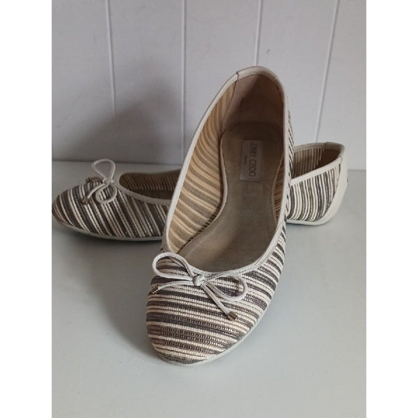JIMMY CHOO  BLK CR STRIPED BALLET FLATS.