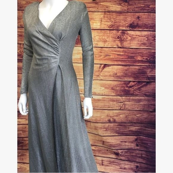 Vintage Silver Lame Faux Wrap Gown Long Dress