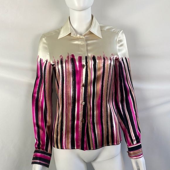 Gianni Versace Pink Multi Striped Cream Silk Blouse