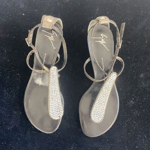Giuseppe Zanotti Black Crystal Low Wedge Sandals