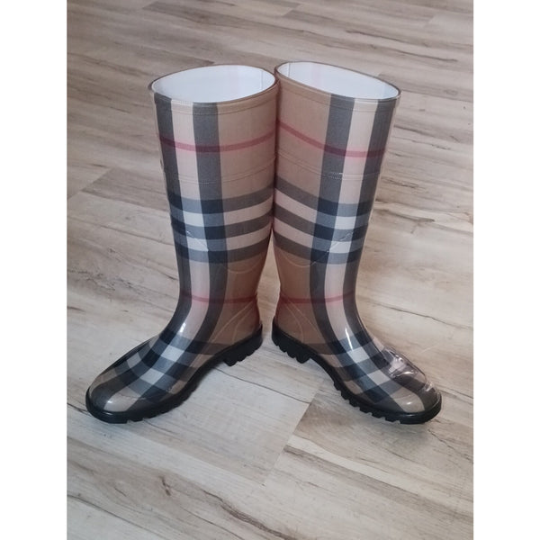 BURBERRY TAN PLAID RUBBER MID CALF RAIN BOOTS.