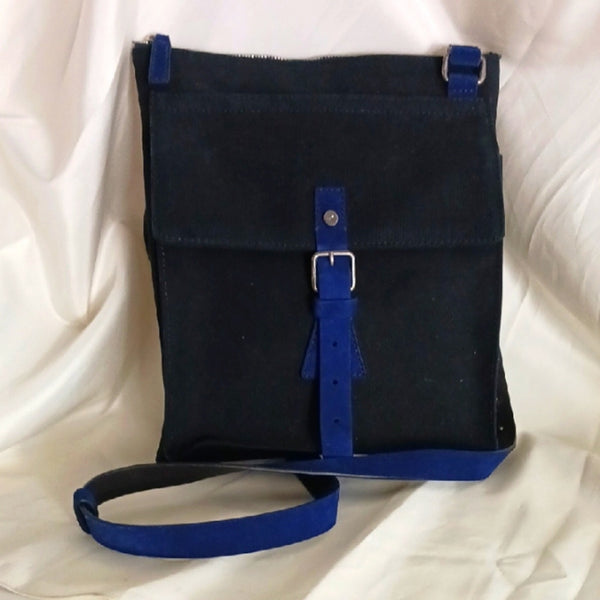 Salvatore Ferragamo Blk Canvas W Blue Suede Trim Bag.