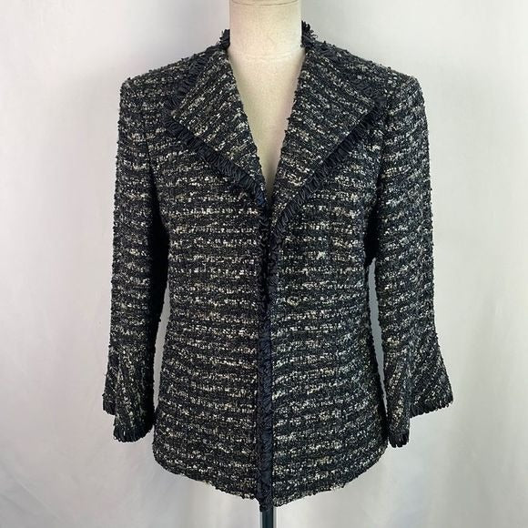 Lafayette 148 Black Tweed Ribbon Trim Open Front Jacket
