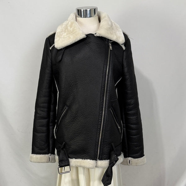 Aqua Size S Black faux shearling moto
