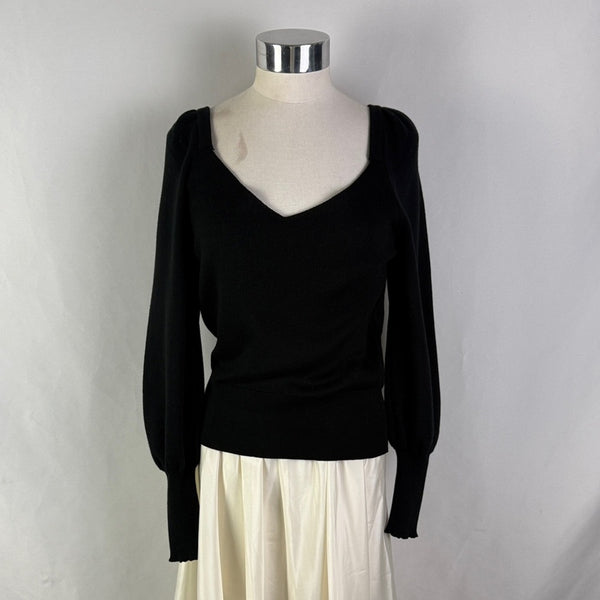 Anthropologie Black V Neck Poof Sleeves Sweater