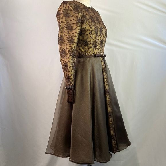 Saks Fifth Avenue Prince Vintage Brown Metallic Embroidery Fit Flare Dress