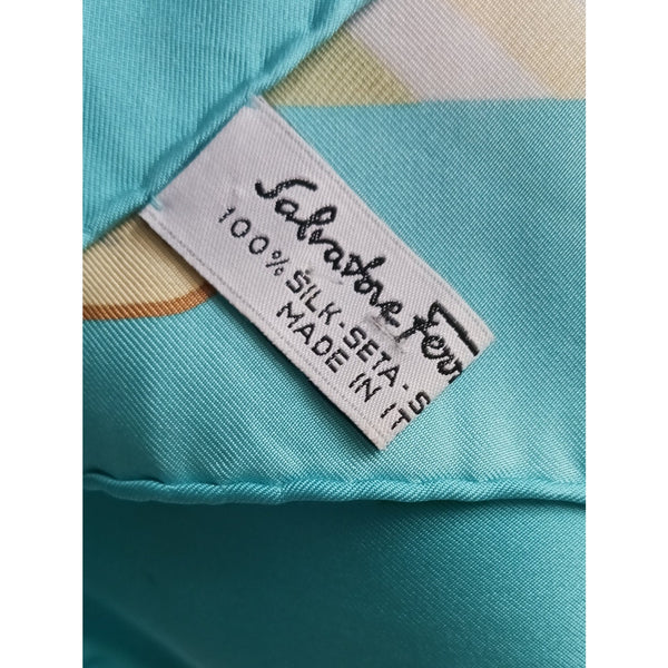 SALVATORE FERRAGAMO PASTEL AQUA RIBBON BUCKLE PRINT SCARF