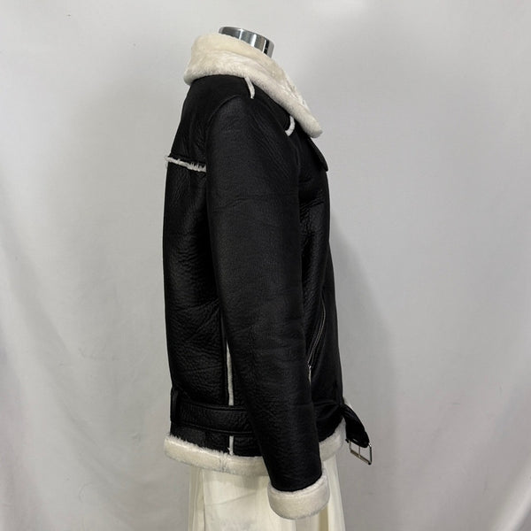 Aqua Size S Black faux shearling moto