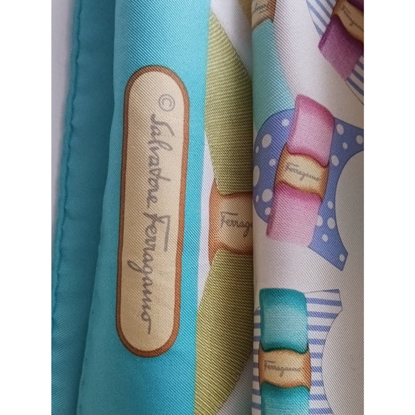SALVATORE FERRAGAMO PASTEL AQUA RIBBON BUCKLE PRINT SCARF
