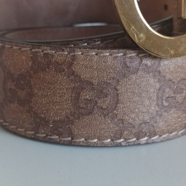 Gucci Brown Logo Leather with Gold G Buckle Belt.