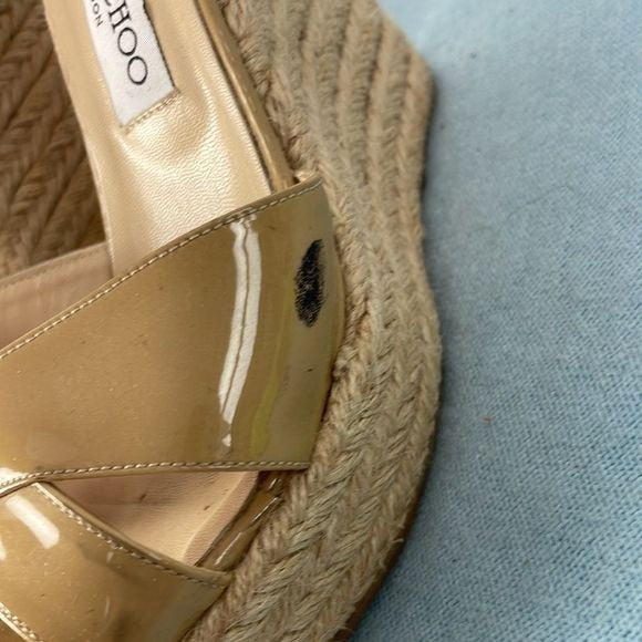 Jimmy Choo Tan Patent Straw Wedges