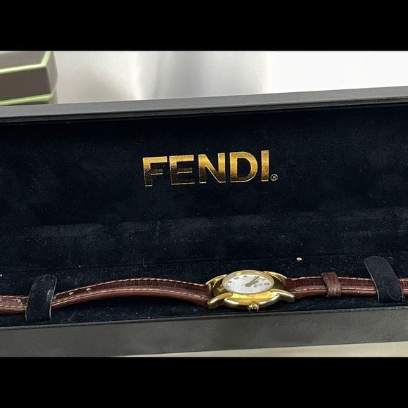 Vintage Fendi brown strap small gold face watch