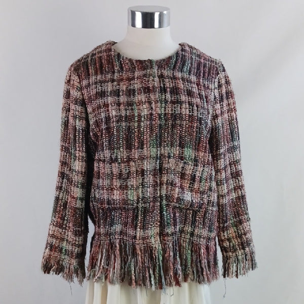 Anthropologie Multi Tweed W Fringe Trim Textured Jacket.
