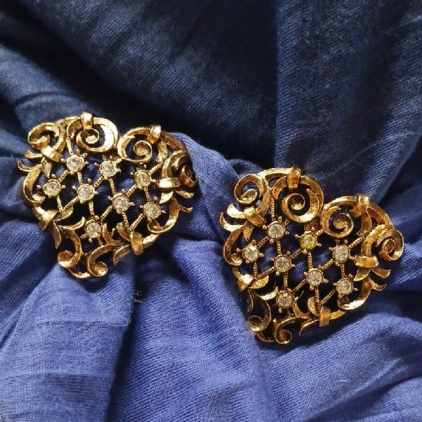 Jose Barrera Vintage Goldtone And Crystal Heart Earrings.
