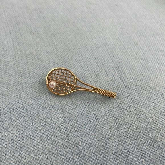 14k Gold Tennis Racket w Pearl Pin
