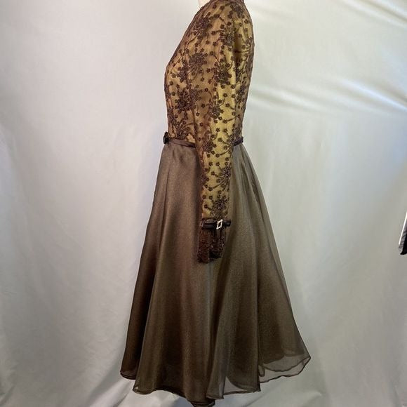 Saks Fifth Avenue Prince Vintage Brown Metallic Embroidery Fit Flare Dress