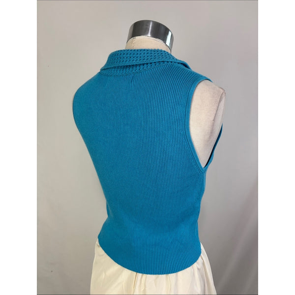 CAROLINE CONSTAS TURQUOISE CROP KNIT TANK TOP WITH COLLAR