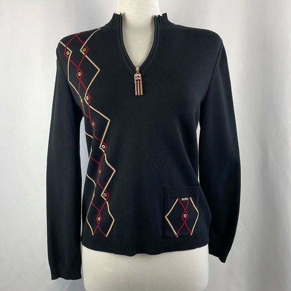 St John Black Print Zip Cardigan