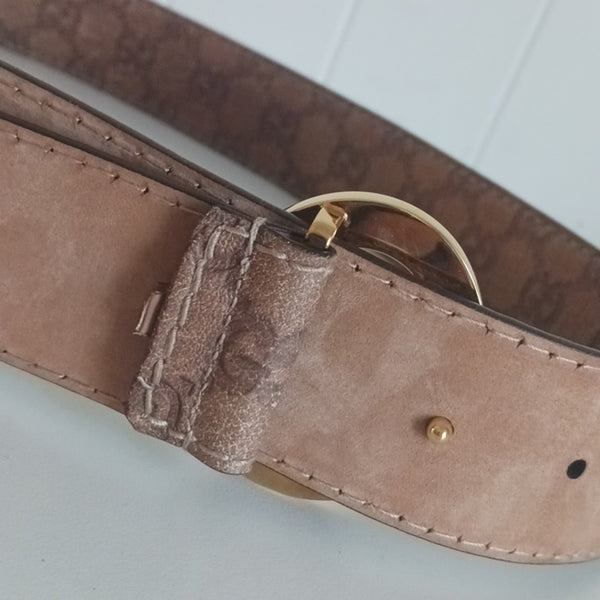 Gucci Brown Logo Leather with Gold G Buckle Belt.