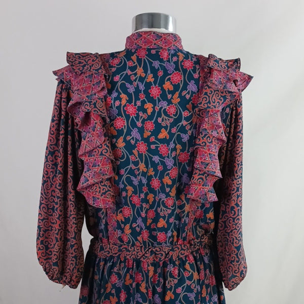 Diane Fres Vintage Multi Print Tie Front W Ruffles Long Dress.