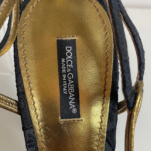 Dolce & Gabbana Blk Brocade Shaped Heel Gold