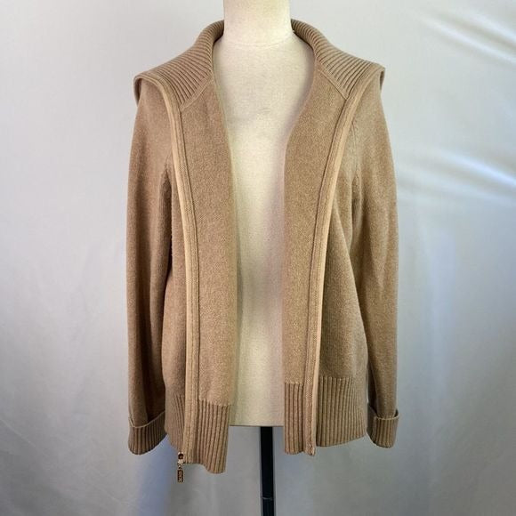 St. John Tan Zip High Neck Cashmere Sweater