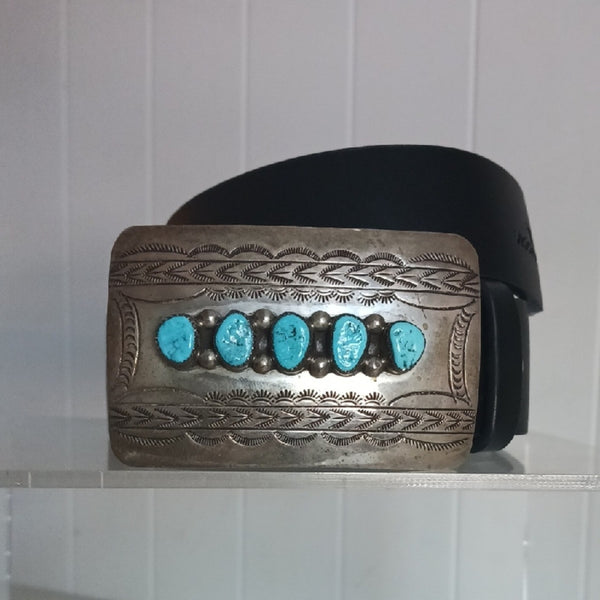 Wilbert Meyers Stamped Silver and Turquoise Buckle Black Belt.