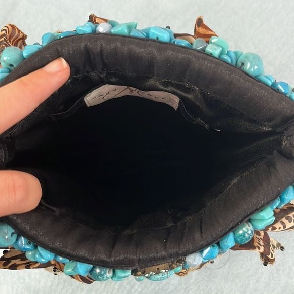 Mary Frances Animal Print Ruffle Bag with Turquoise Trim