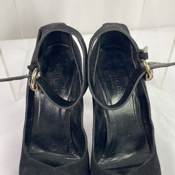 Gucci Black Suede With Gold Ankle Strap Sandal Heels