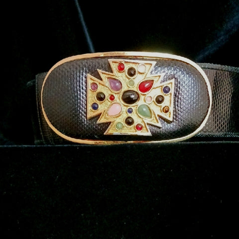 Judith Leiber Black Snake W Jeweled Cross Buckl Belt