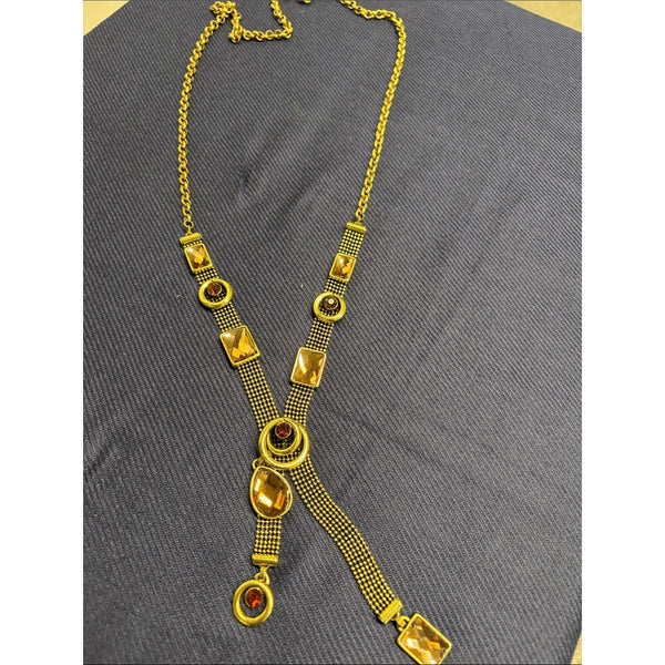 Vtg mesh and crystalGold-Tone Women’s Statement Necklace with Amber Gem Accents