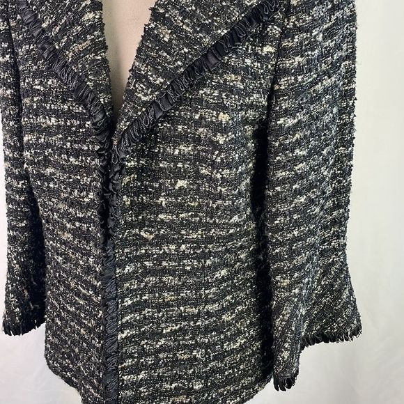 Lafayette 148 Black Tweed Ribbon Trim Open Front Jacket