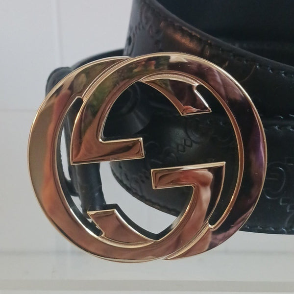Gucci Black Guccissima Leather Embossed Belt with Gold GG Buckle