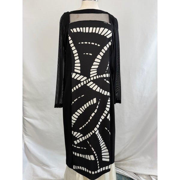 ANN FONTAINE BLACK CREAM PRINT DRESS WITH SHEER SLEEVES