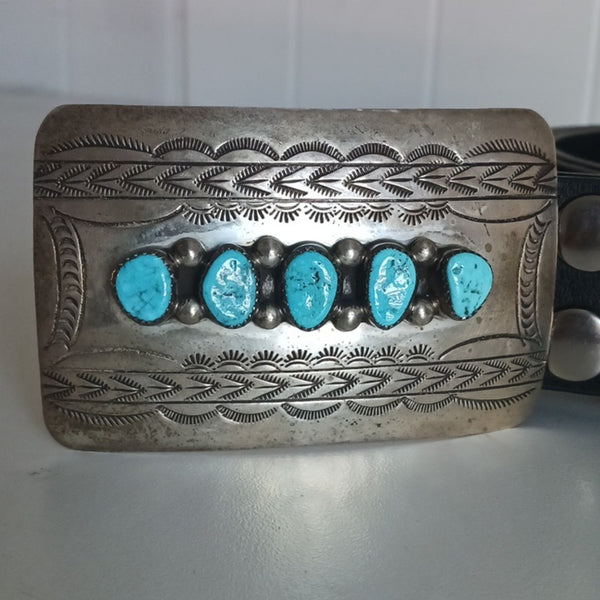 Wilbert Meyers Stamped Silver and Turquoise Buckle Black Belt.