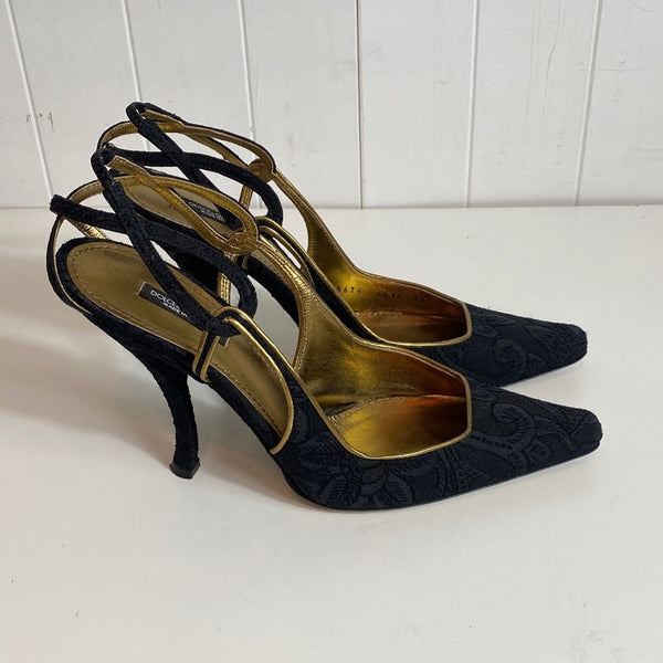 Dolce & Gabbana Blk Brocade Shaped Heel Gold