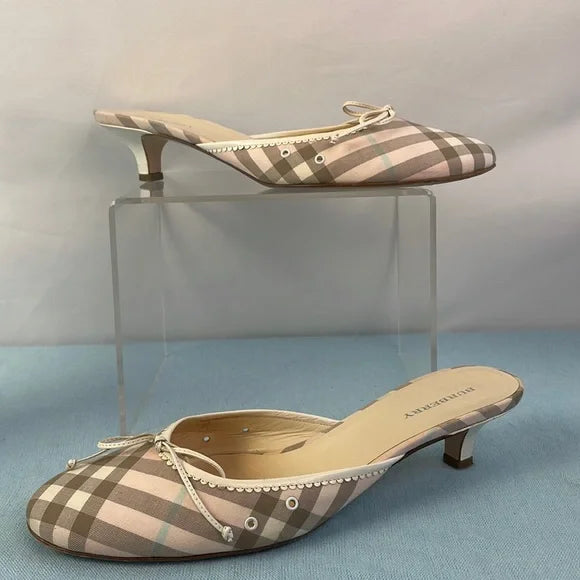 Burberry Tan Plaid Low Heel Mules Shoes