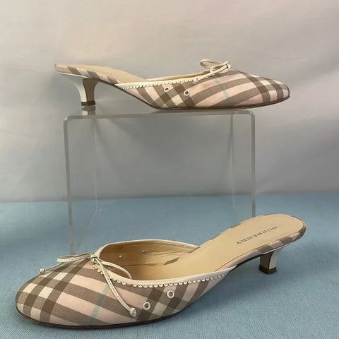 Burberry Tan Plaid Low Heel Mules Shoes