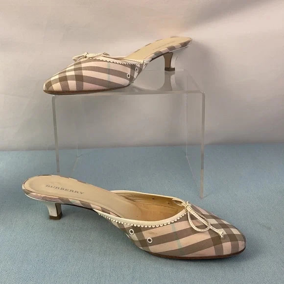 Burberry Tan Plaid Low Heel Mules Shoes