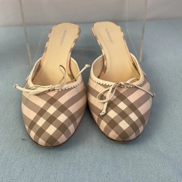 Burberry Tan Plaid Low Heel Mules Shoes