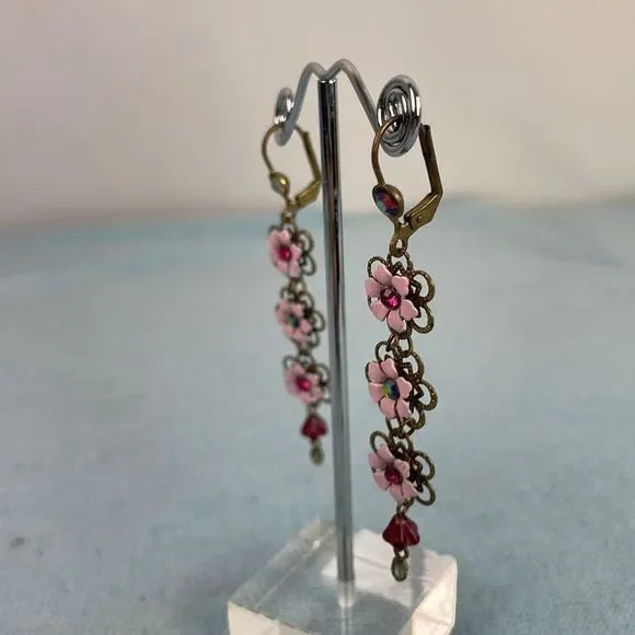 M Negrin Pink Crystal Flower Dangle Earrings